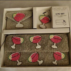 RACHEL ZOE THREE PIECE BEADED COSMOPOLITAN CLUTCH, CARD CASE and KEYCHAIN/CHARM